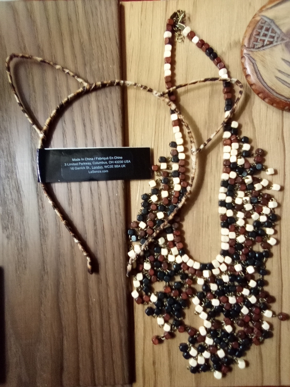 Cat/Leopard Ears Headband with matching Wood Beaded Collar Fringe Bib Necklace